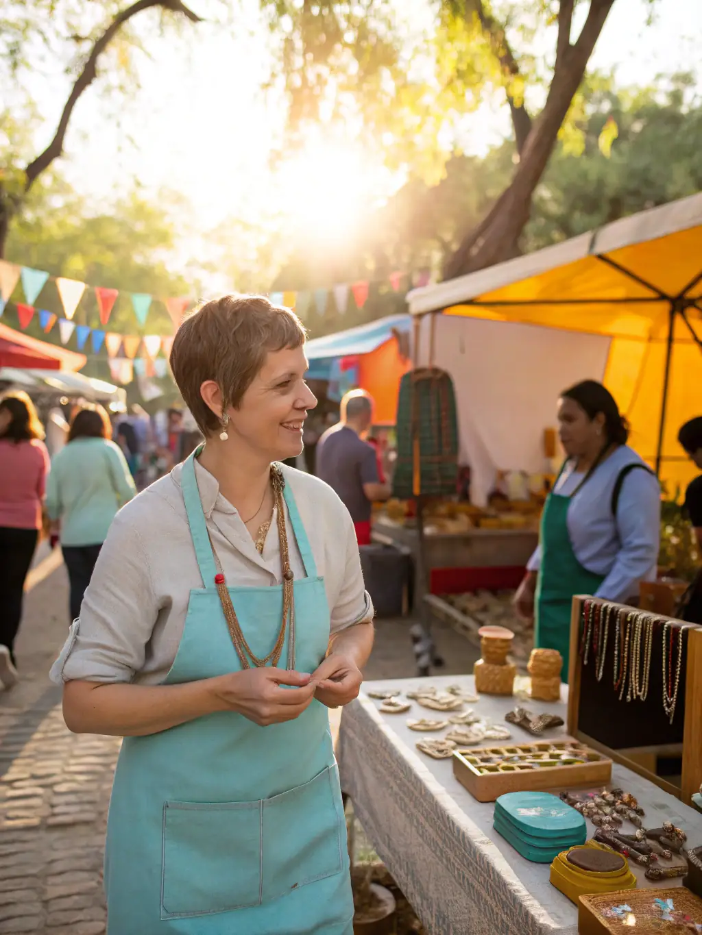 A local artisan displaying handmade jewelry at a Phoenix Girls craft fair, showcasing their products to potential customers.