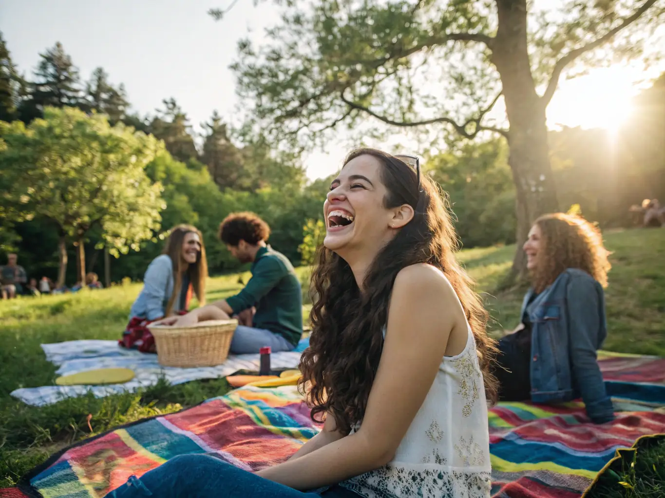 A group of women laughing and enjoying a picnic in a park, representing a Phoenix Girls outing event.
