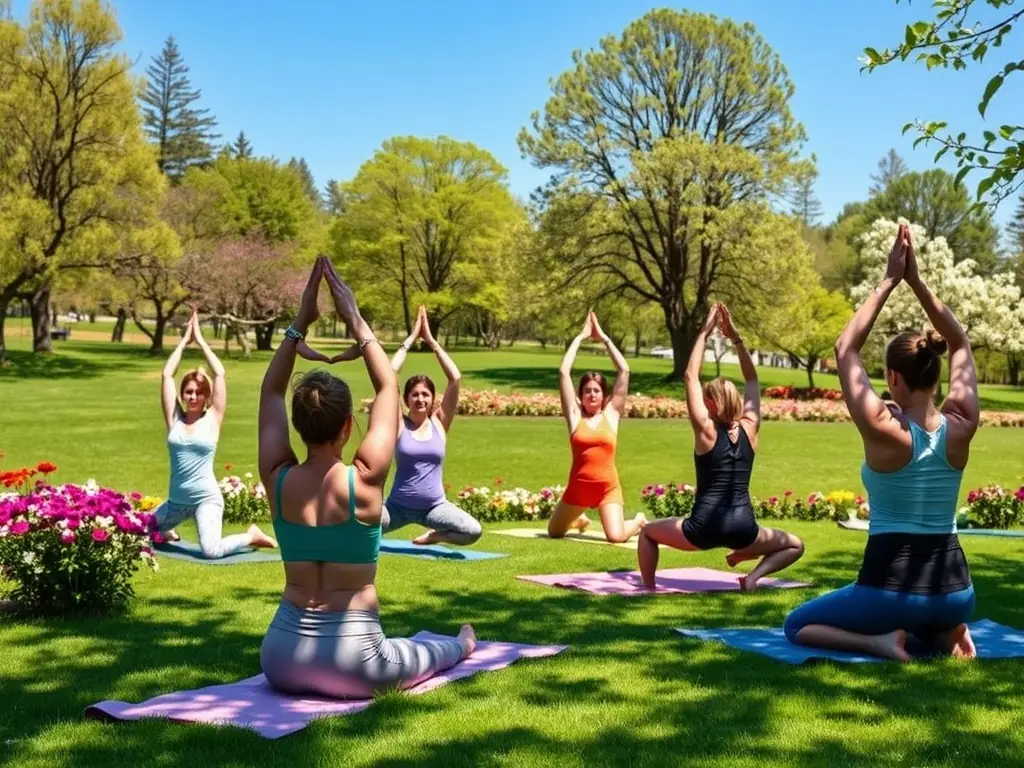A group of women participating in a yoga class outdoors, representing a Phoenix Girls sports activity.