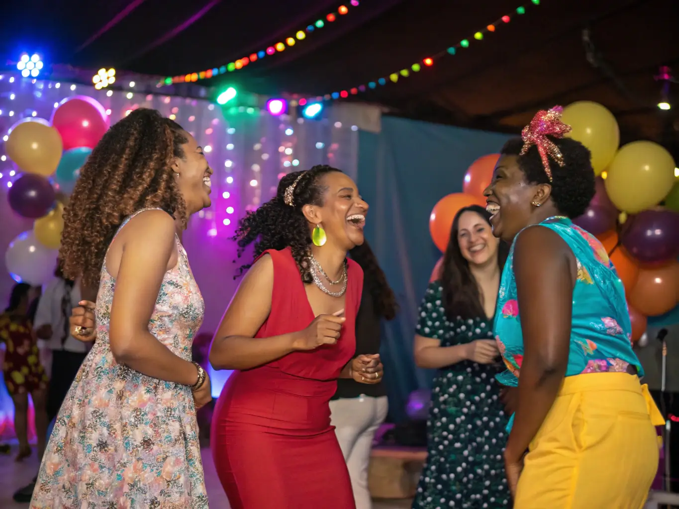 A group of women dressed up and dancing at a party, representing a Phoenix Girls dance event.