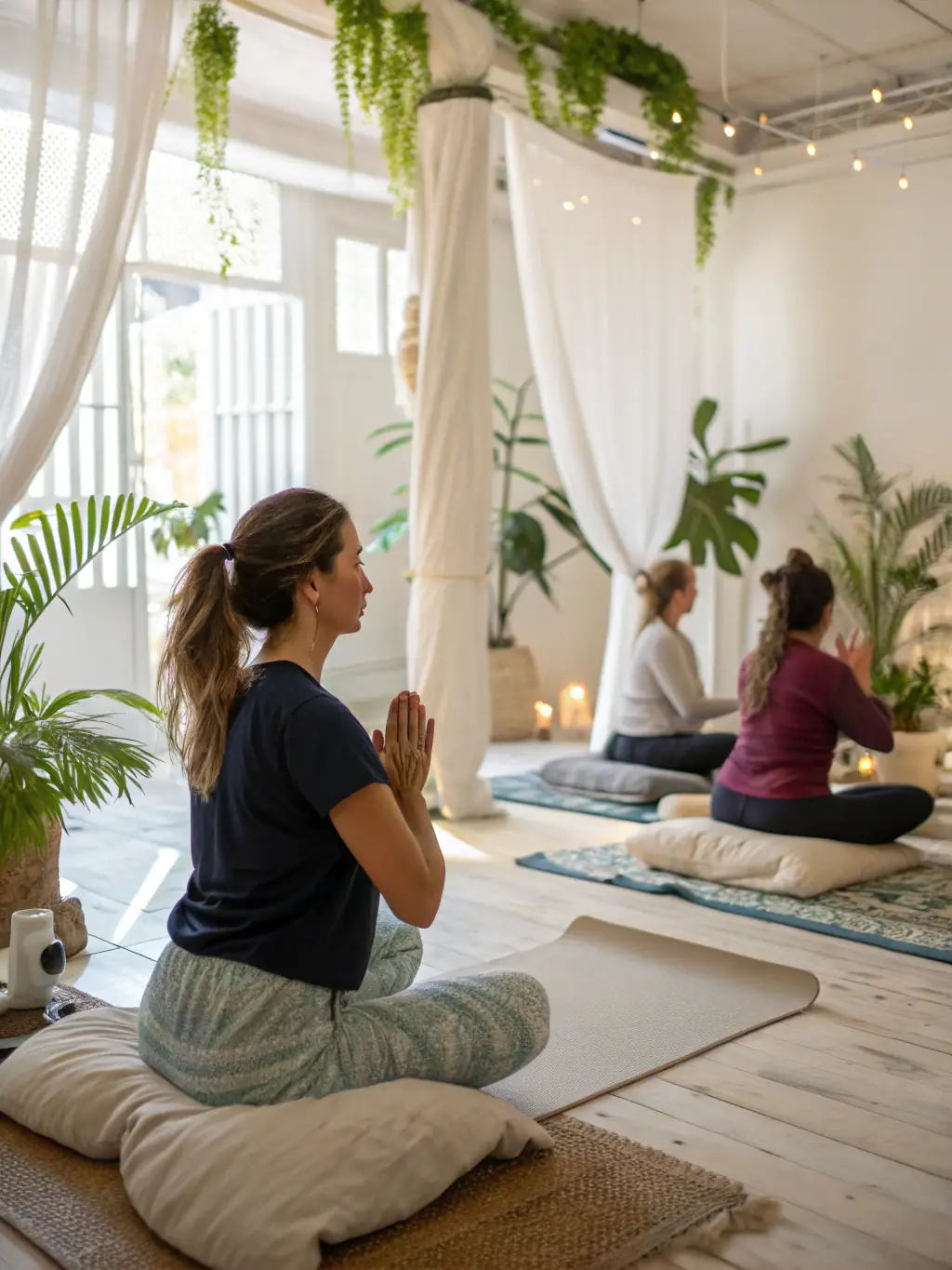 A group of women participating in a yoga class in a serene studio, emphasizing the wellness and self-care activities offered by Phoenix Girls.