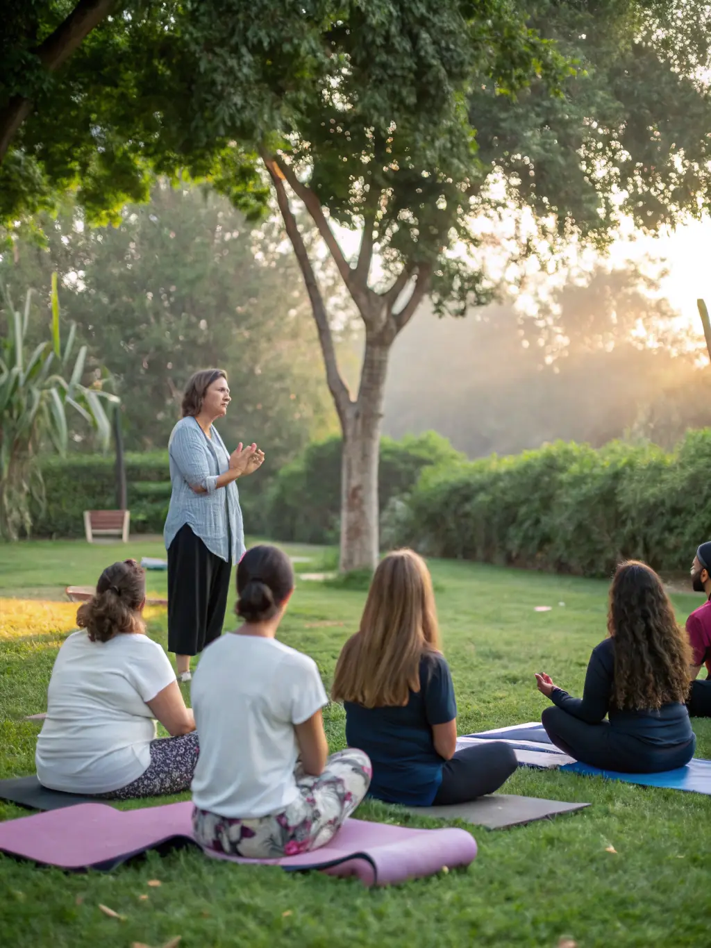 A professional wellness coach leading a group meditation session in a serene studio, promoting their services to Phoenix Girls members.